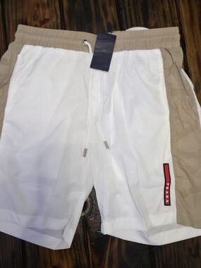 Prada Men’s White and Beige Drawstring Shorts (Medium-2XL)